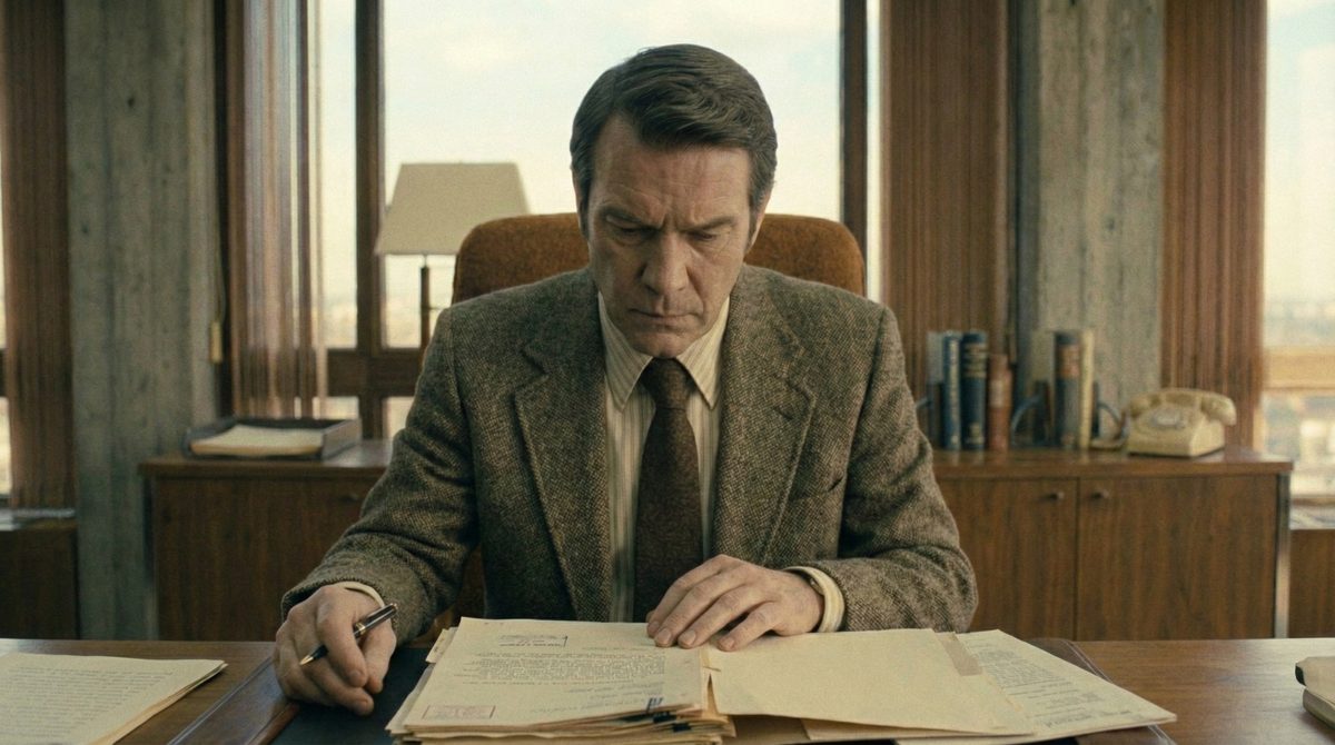 The CEO at his desk, reading through papers, a city skyline behind him